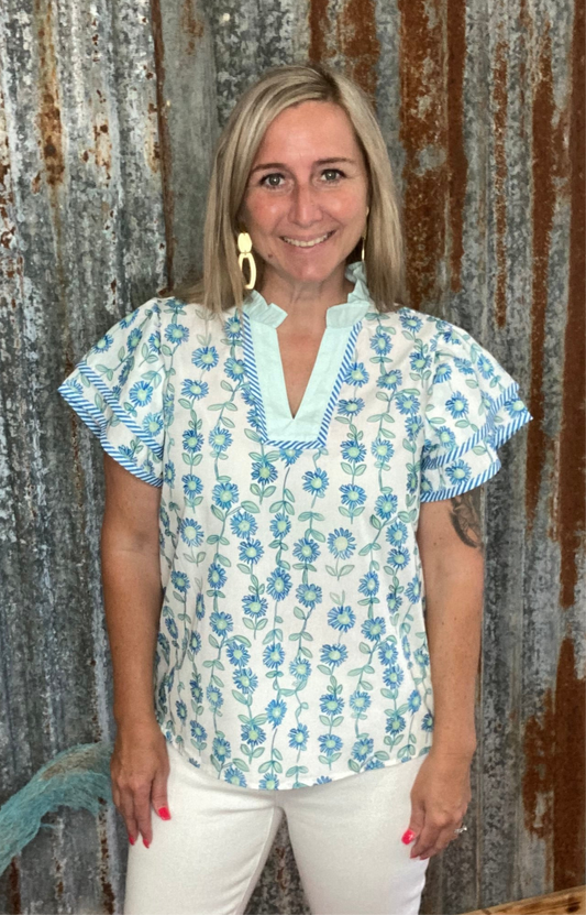 Green/Blue Floral V-Neck Top