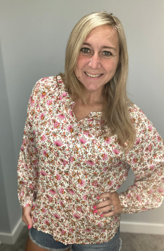 Red Floral Pleated Detail Top