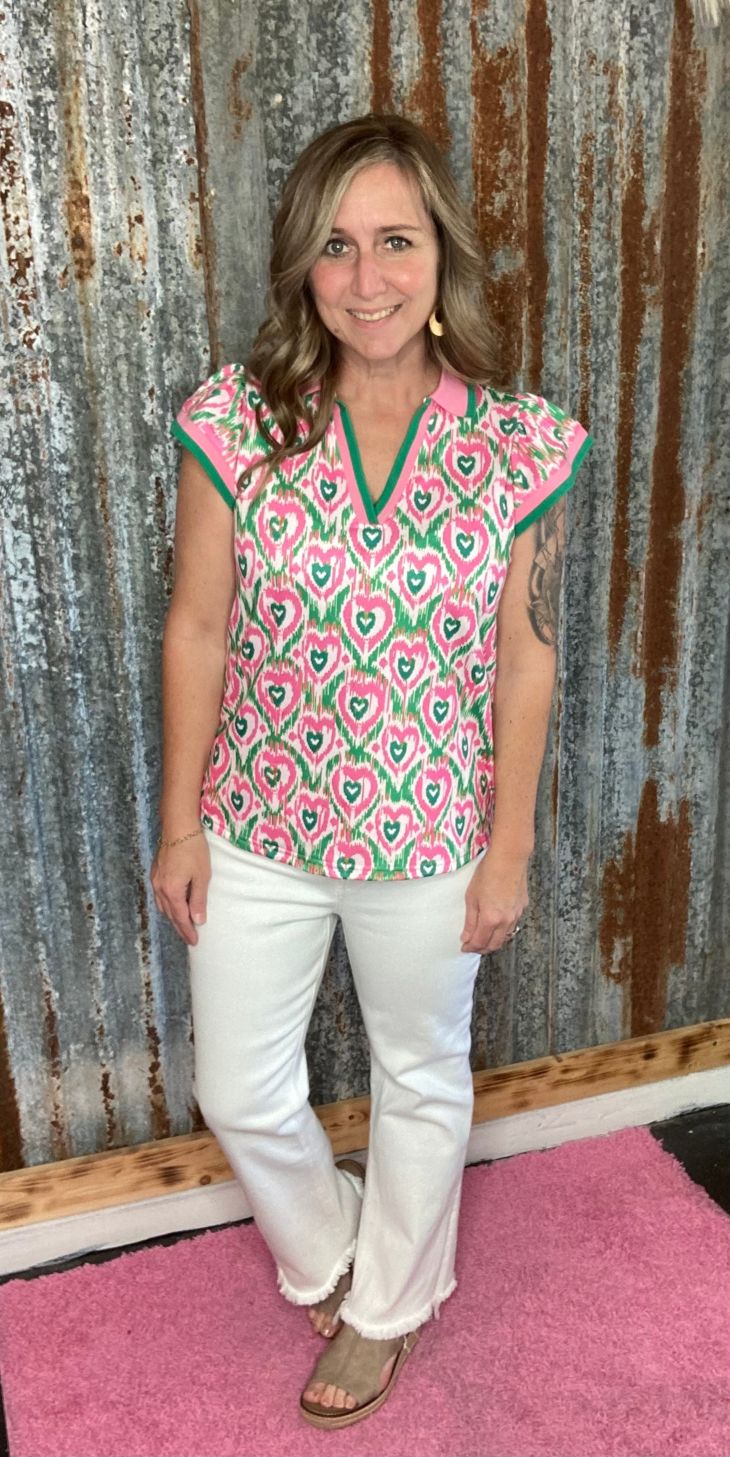 Pink/Green Abstract Top