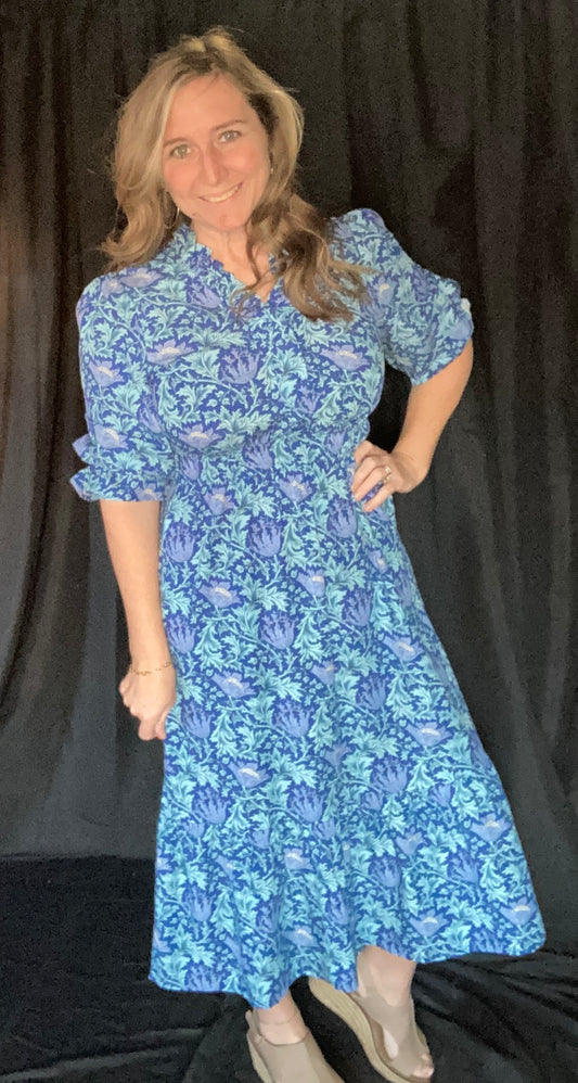 Blue Floral V-Neck Dress