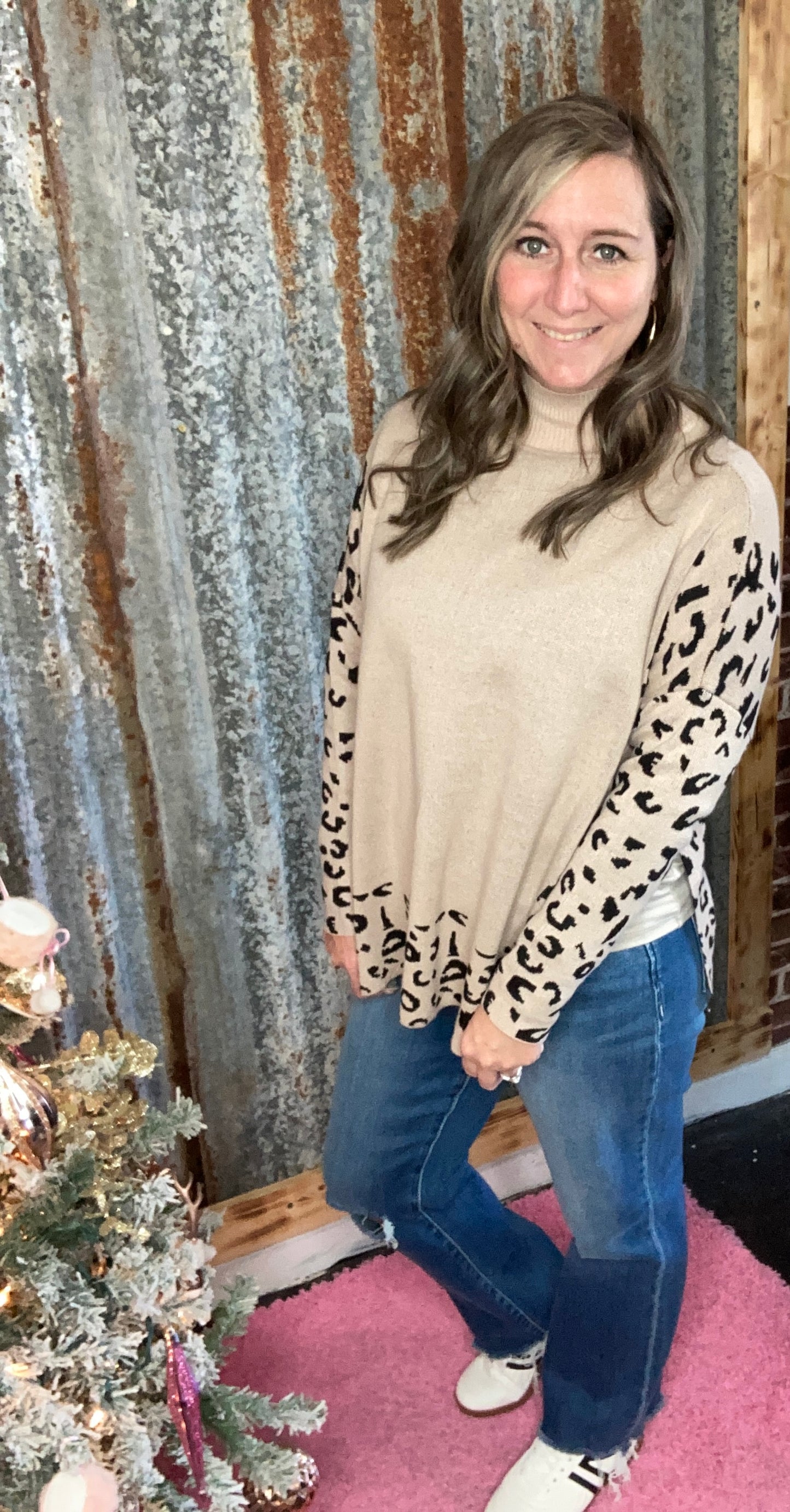 Khaki Leopard High Neck Side Slit Sweater