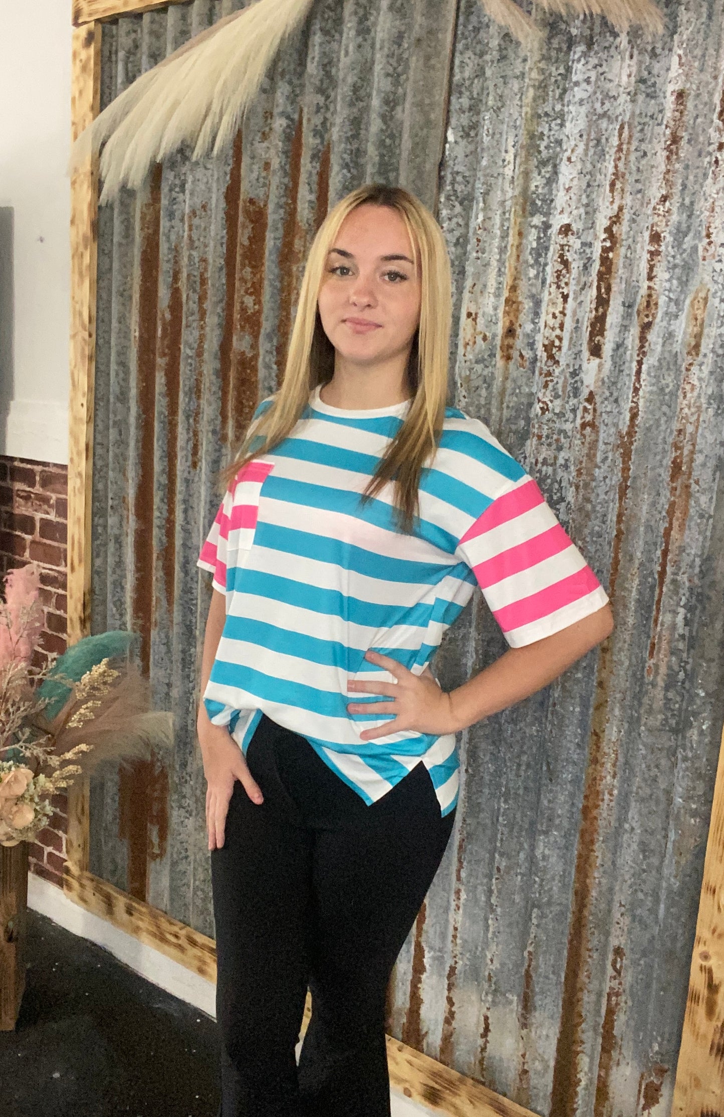 Pink/Blue Striped Pocket Tshirt