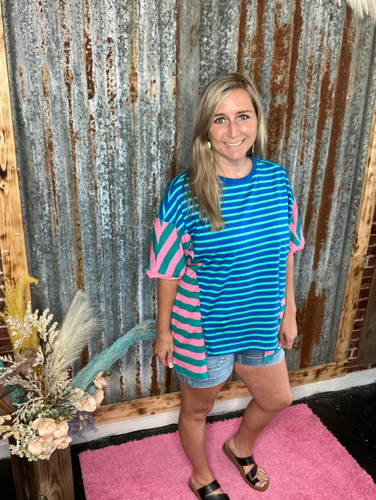 Blue Striped Colorblock Top