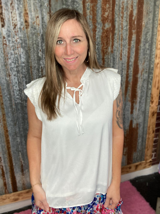 Off White Pleated Sleeve Front Neck Tie Top
