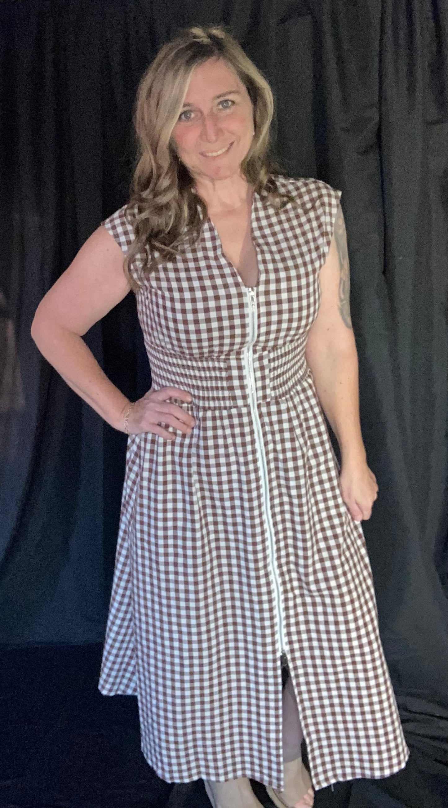 Coffee Full Zipper Plaid Dress