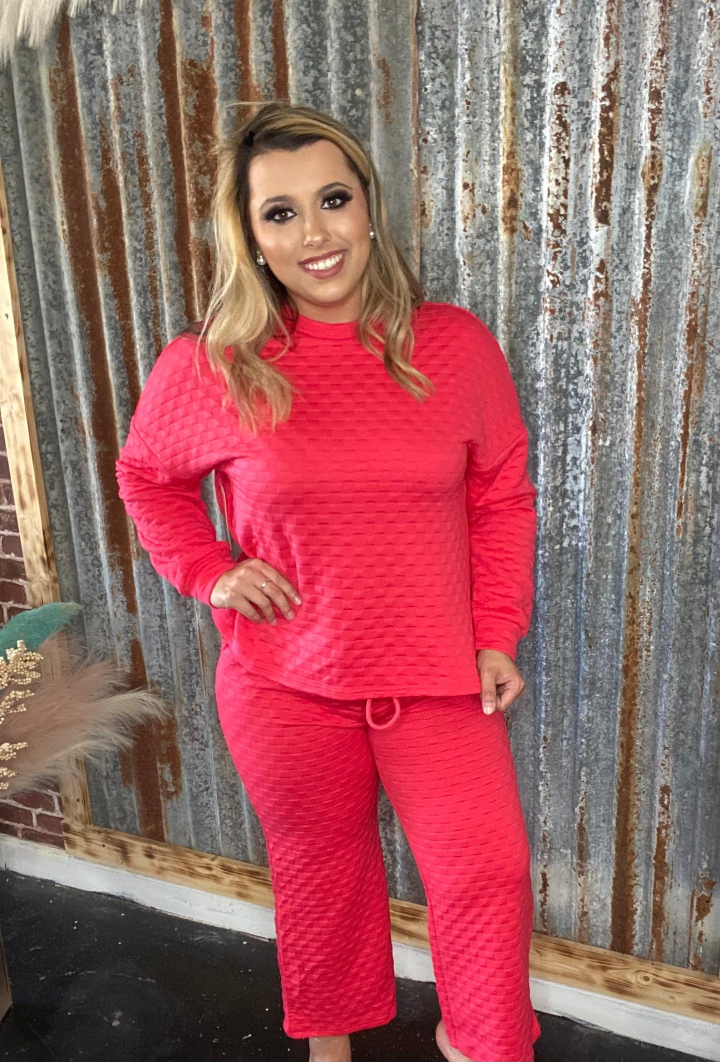 Strawberry Pink Checkered Textured Pants Set