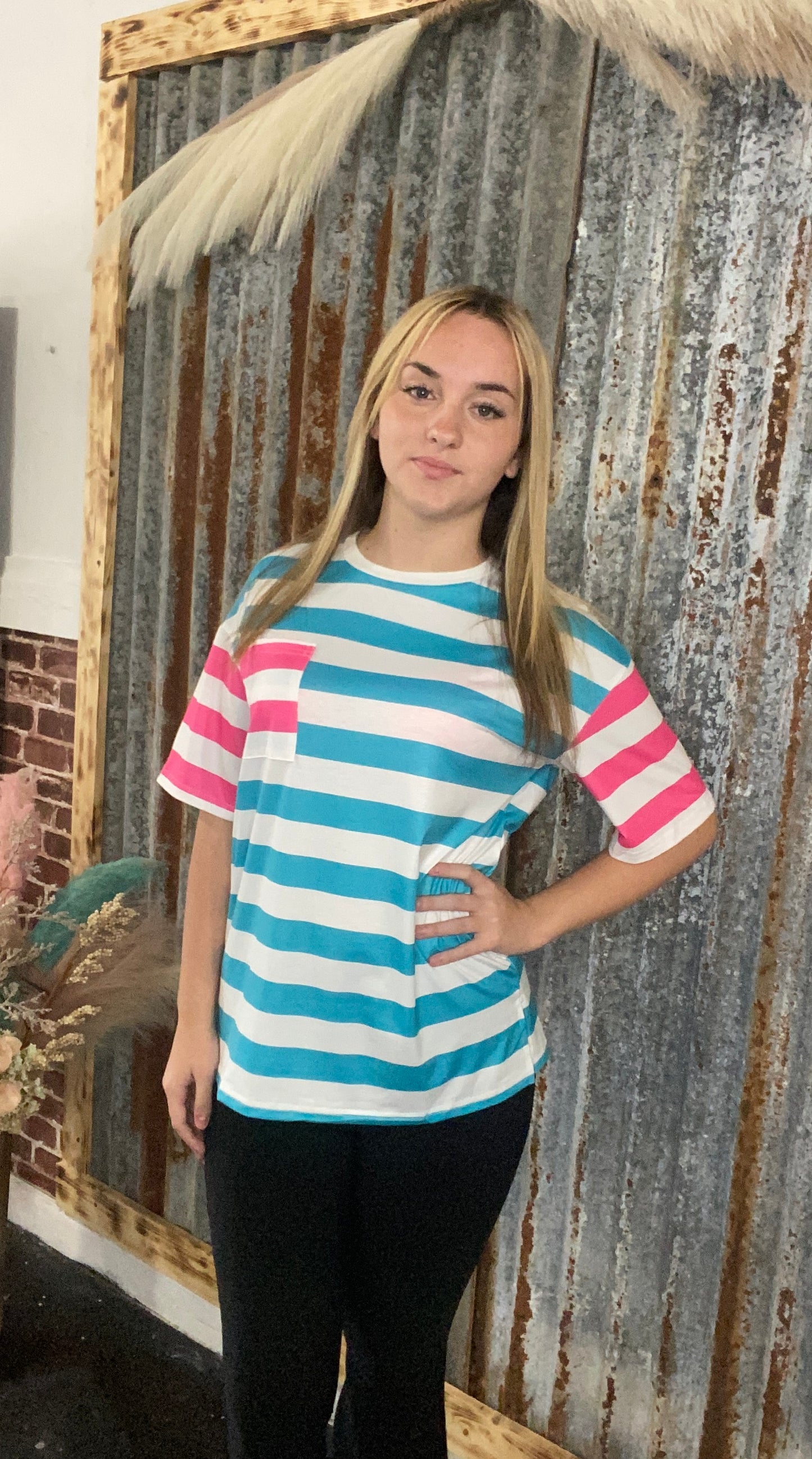 Pink/Blue Striped Pocket Tshirt