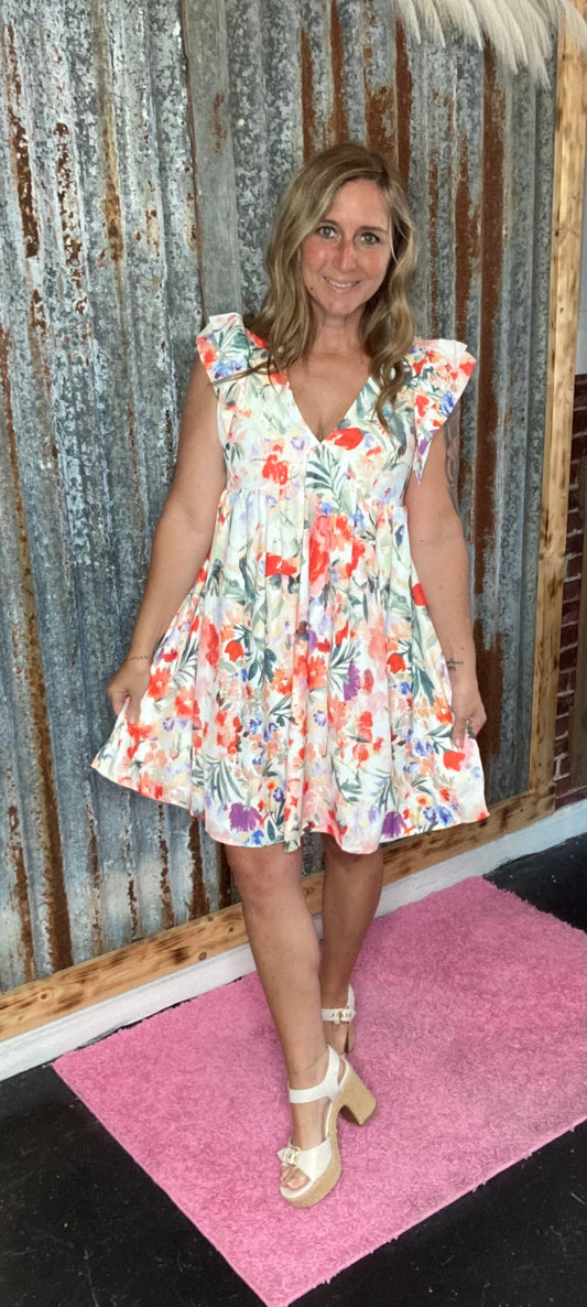 Pink Floral V-Neck Mini Dress