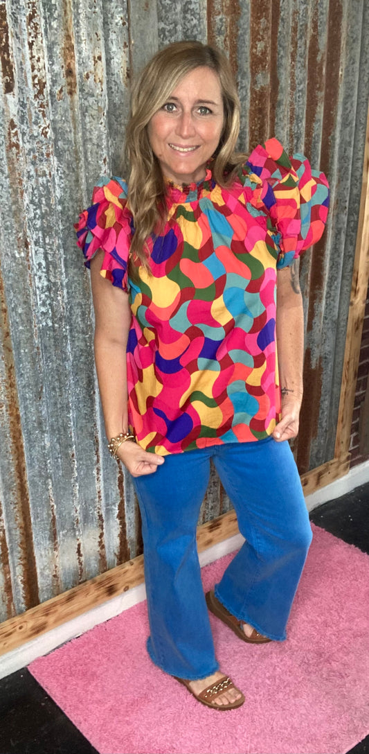 Dramatic Colorful Smock Neck Top