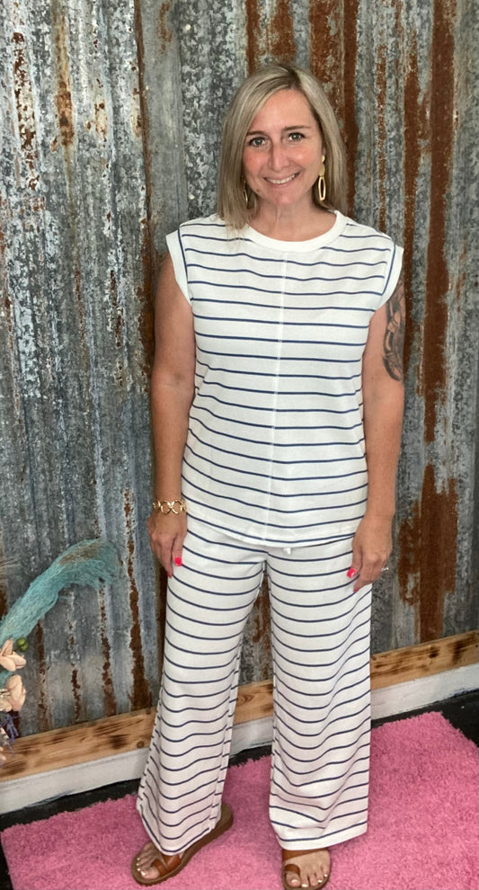 Navy Striped Wide Leg Set