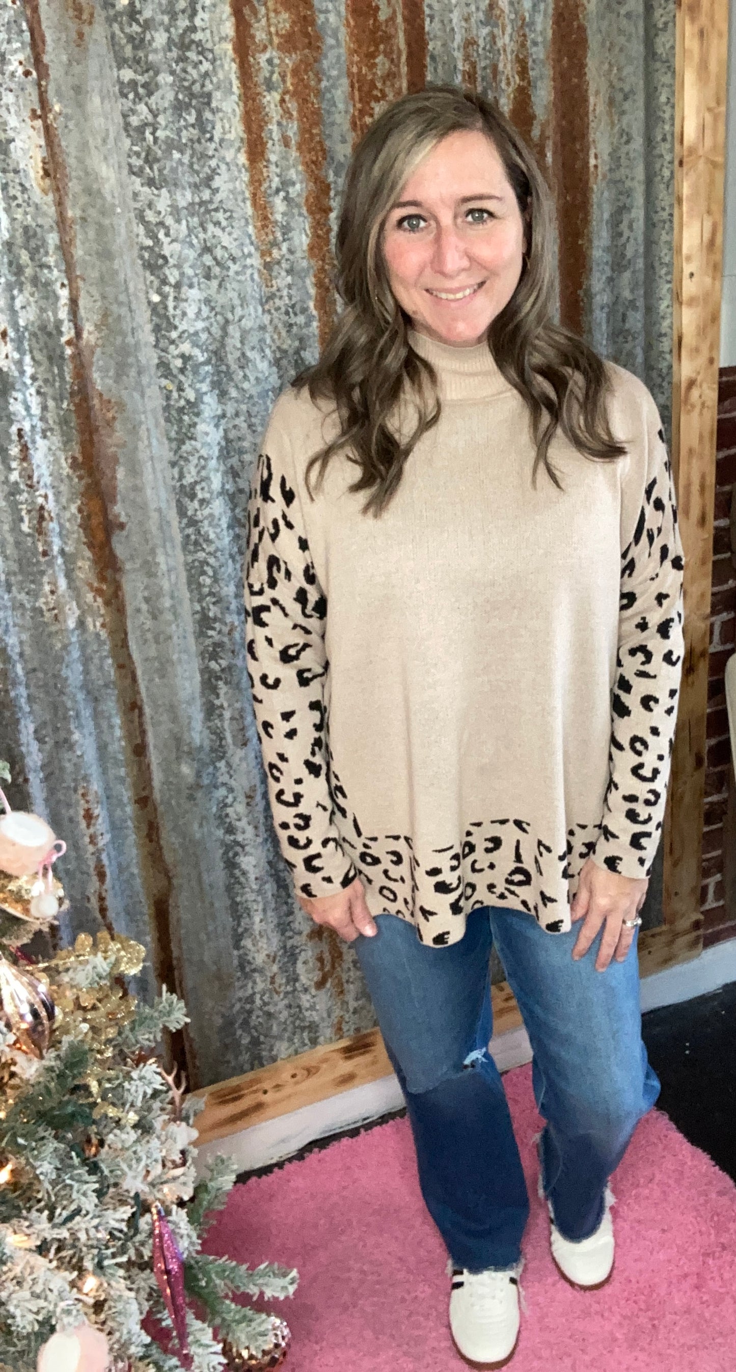 Khaki Leopard High Neck Side Slit Sweater