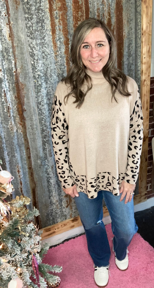 Khaki Leopard High Neck Side Slit Sweater