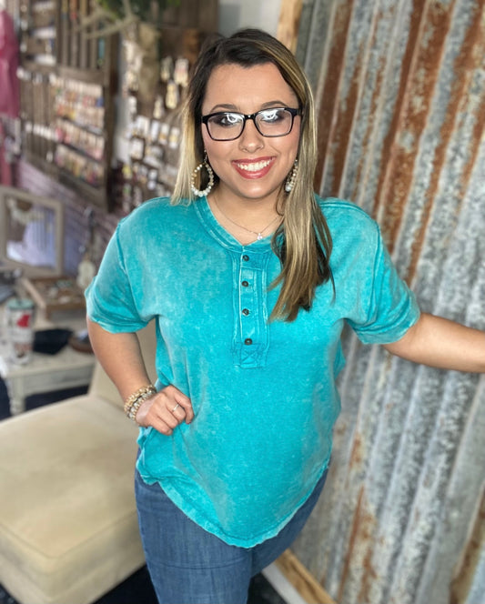 Light Teal Button Top