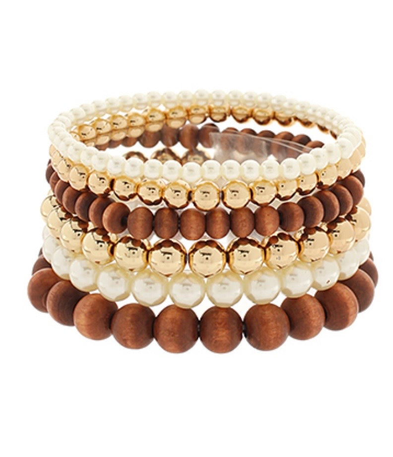 6 Row Wood & Pearl Ball Bracelet