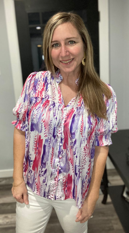 Pink V-Neck Tiered Ruffle Top