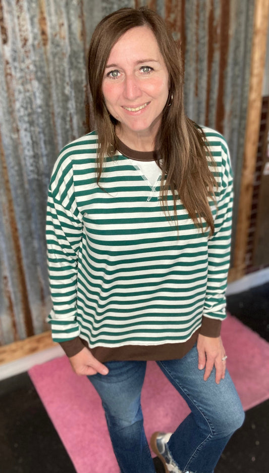 Hunter B Green/ Chocolate Striped Rib Banded Pullover