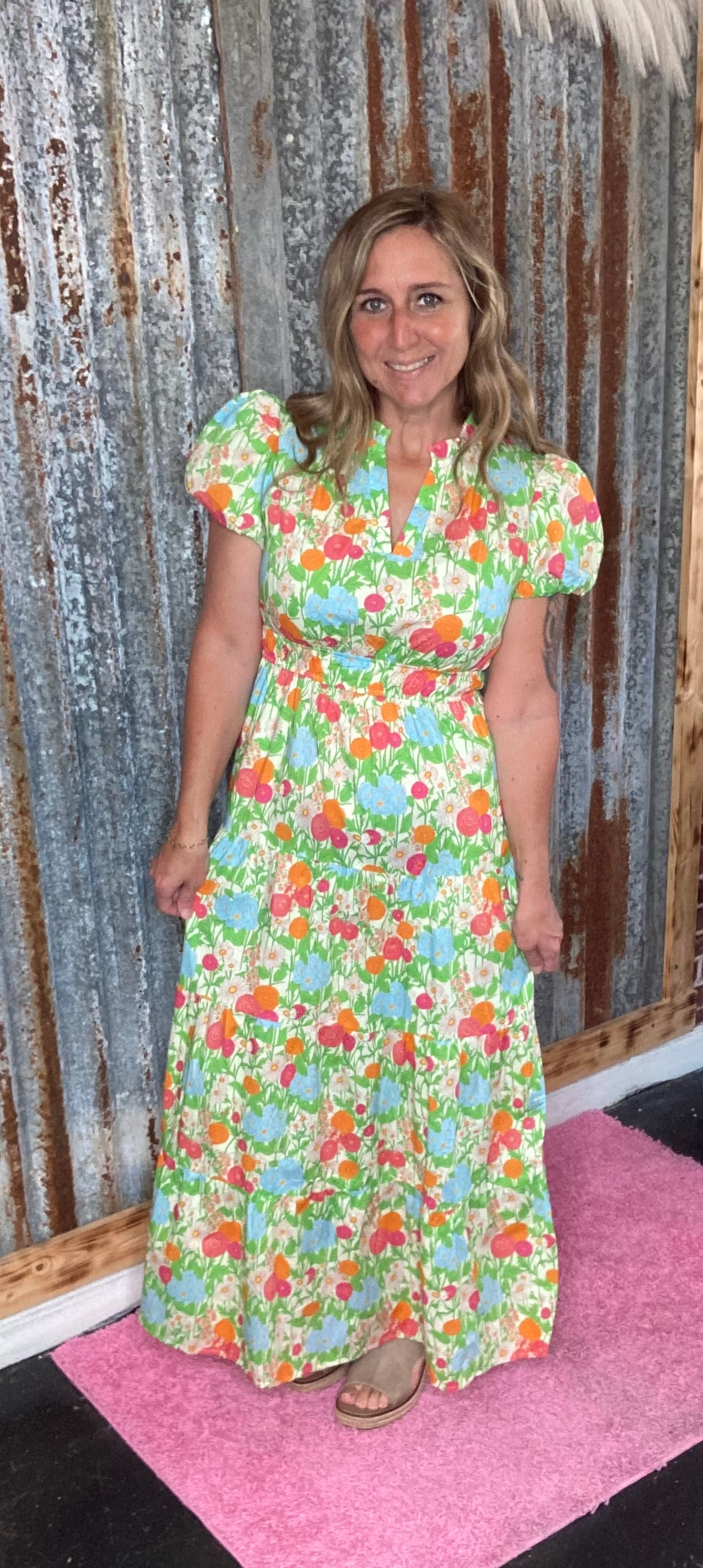 Green Floral V-Neck Maxi
