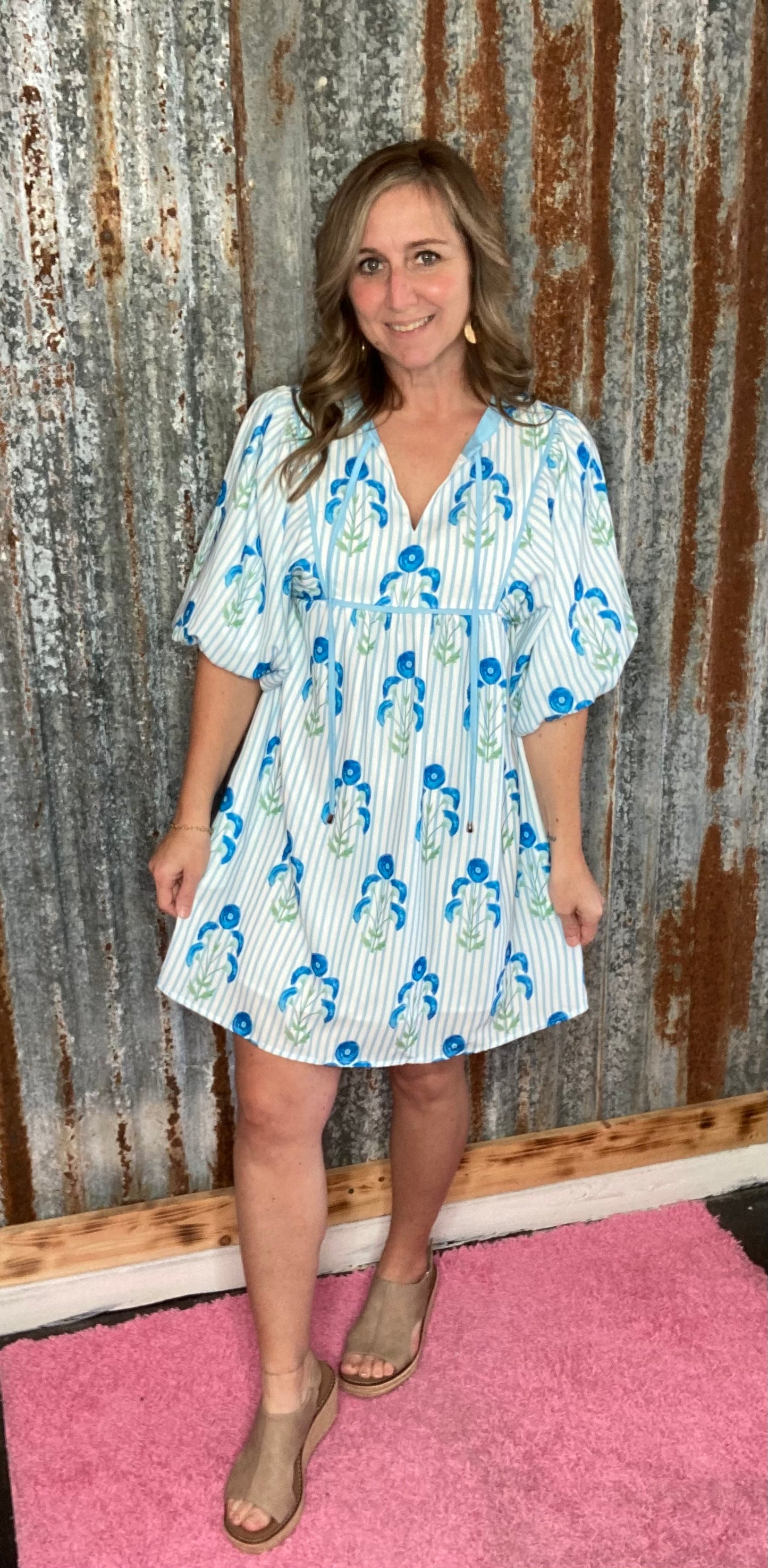 Blue Floral Print Notched Neck Dress