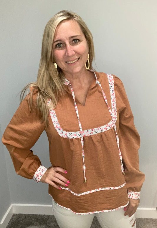 Pleated Floral Trim Top