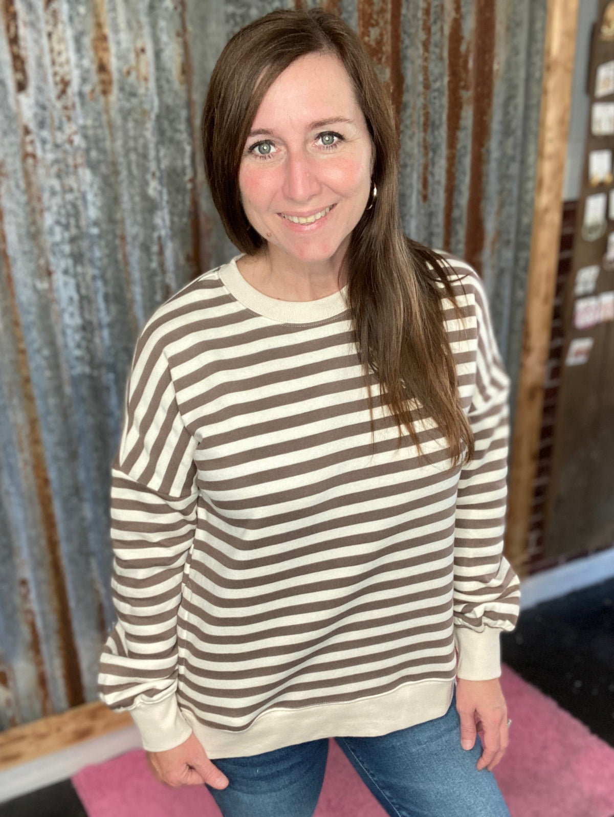 Mocha Fleece Tarn Dyed Striped Hi/Lo Sweatshirt