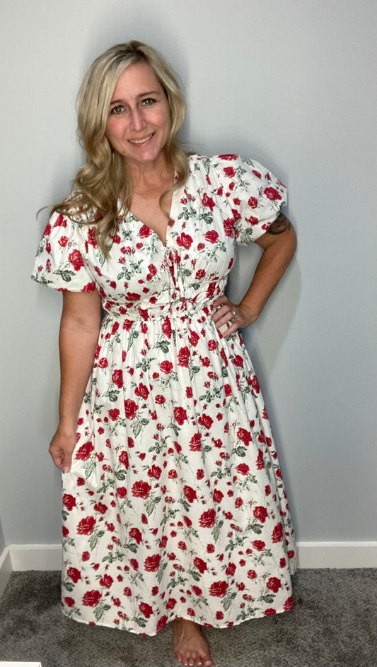 Off white Rose Floral Midi Dress