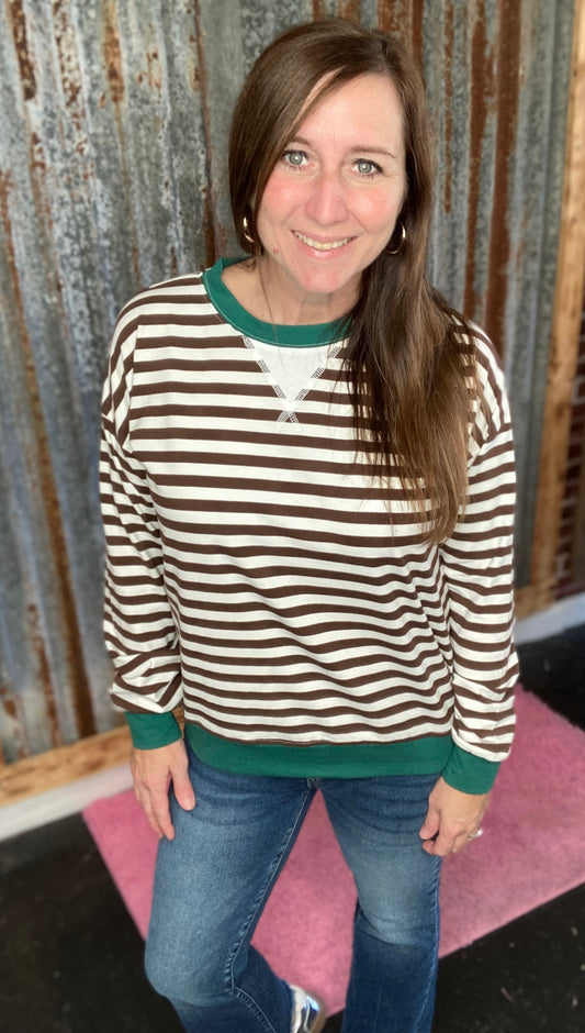 Chocolate/Green Blue Striped Rib Banded Pullover