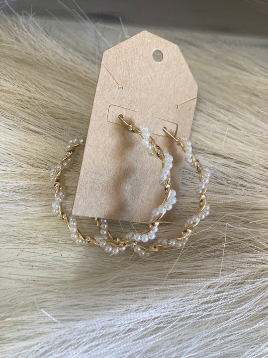Twisted Gold Pearl Hoops