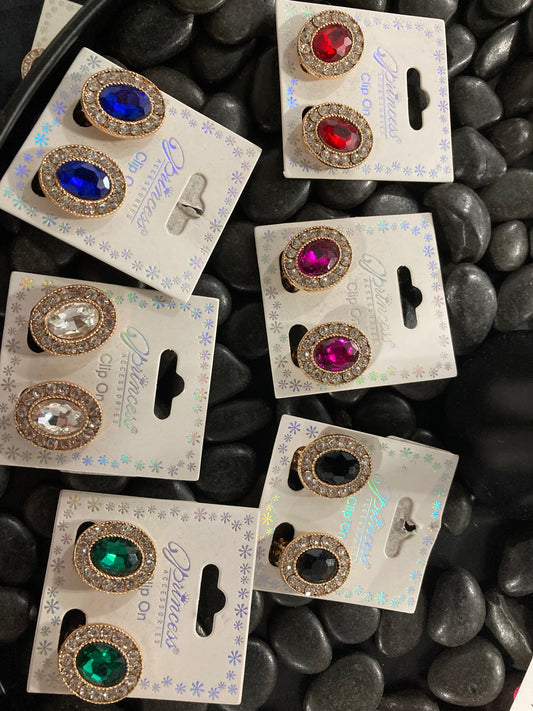 Colored Rhinestone Gem Clip On Earrings