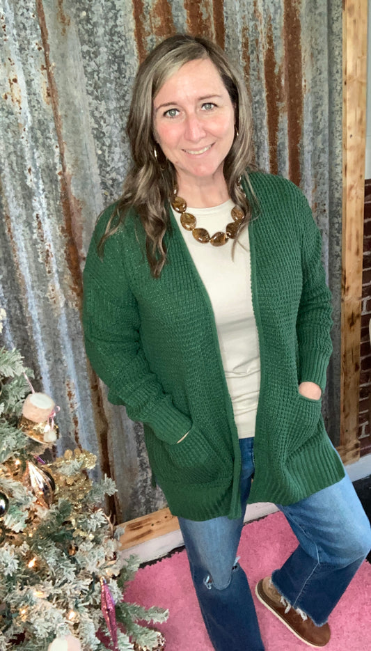 Dark Green Low gauge waffle open cardigan sweater