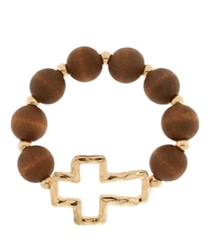 Wood Ball & Metal Cross Bracelet