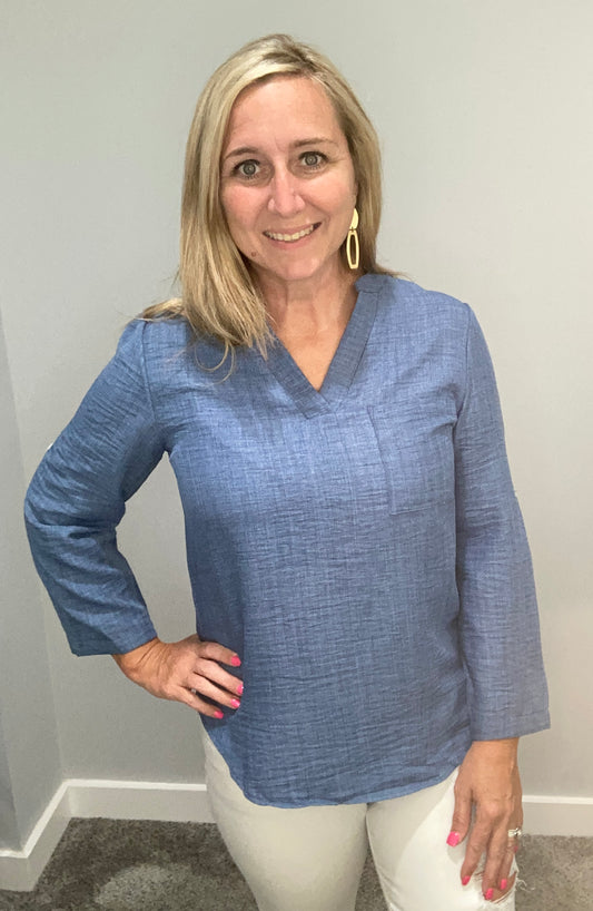 Solid Blue Notched V-Neck Top