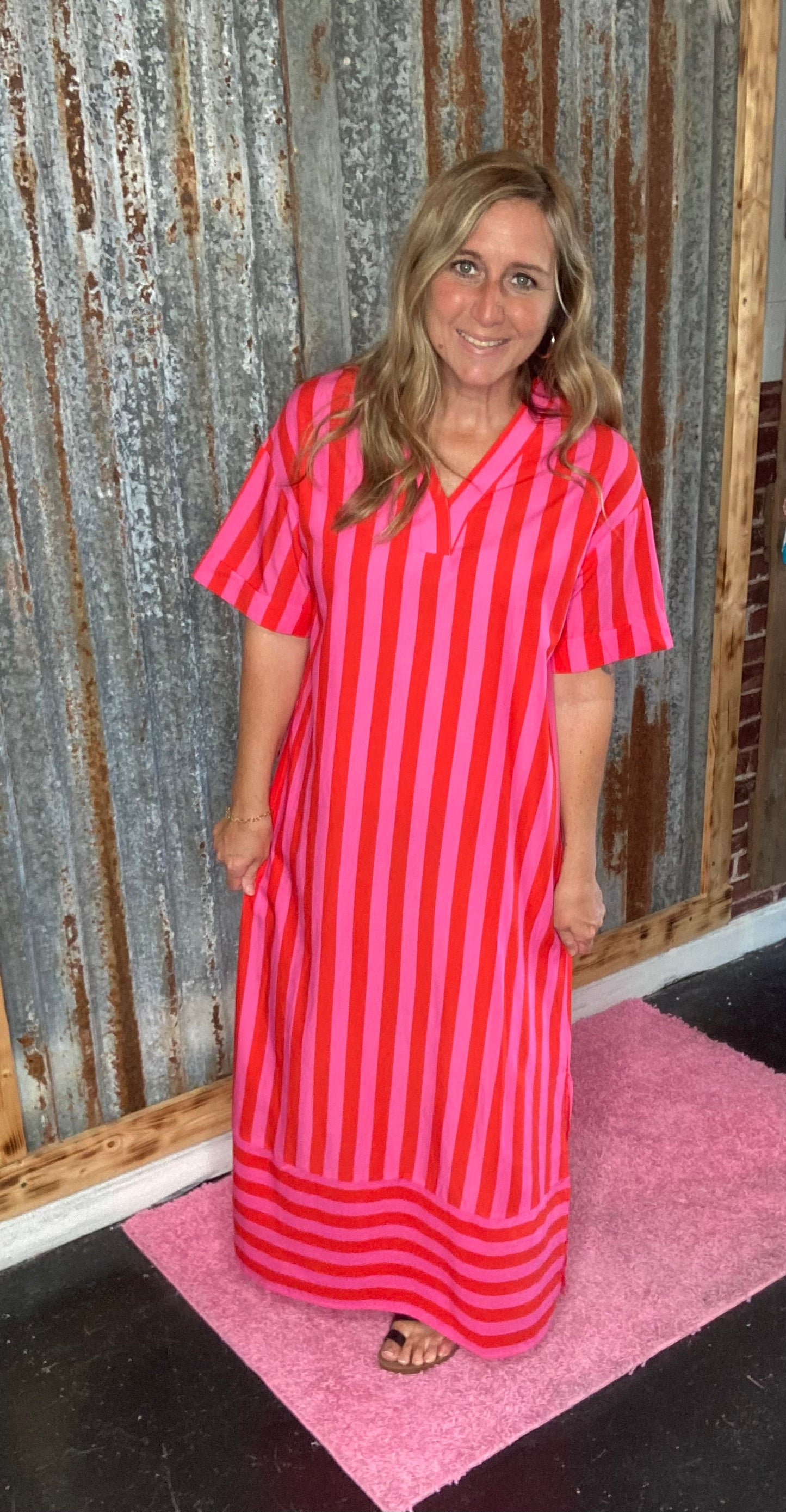 Red Stripe V-Neck Dress