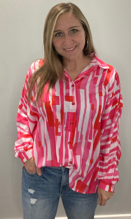 Pink Abstract Button Up
