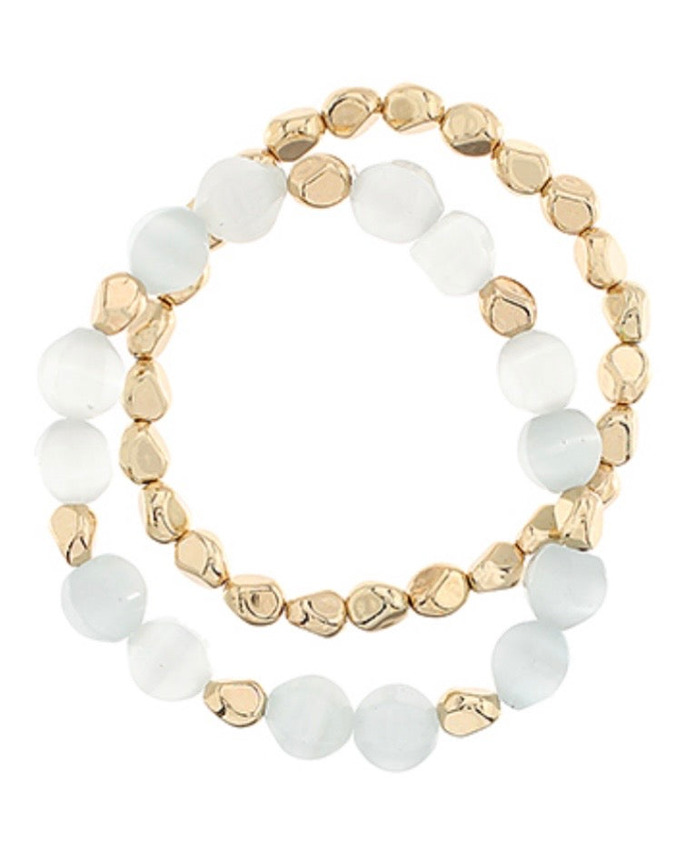 White/Gold 2 Row Geo Bead & Metal Bracelet
