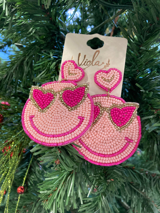 Pinked Smiley Heart Beaded Earrings