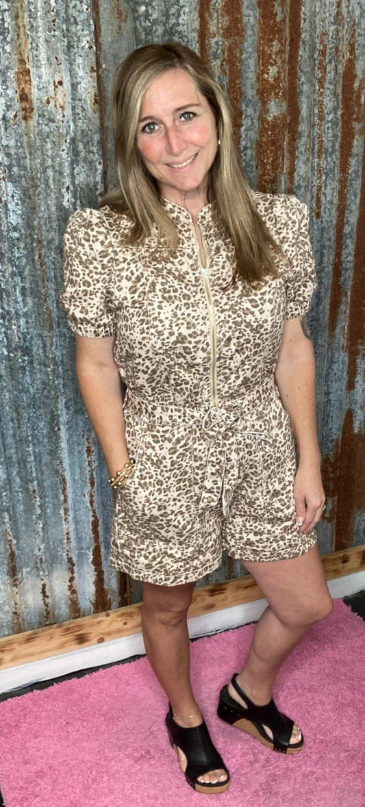 Denim leopard Belted Romper