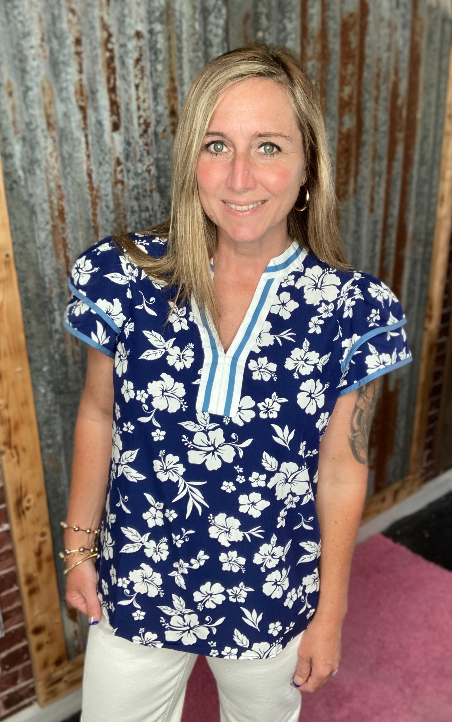 Blue/White Floral Top