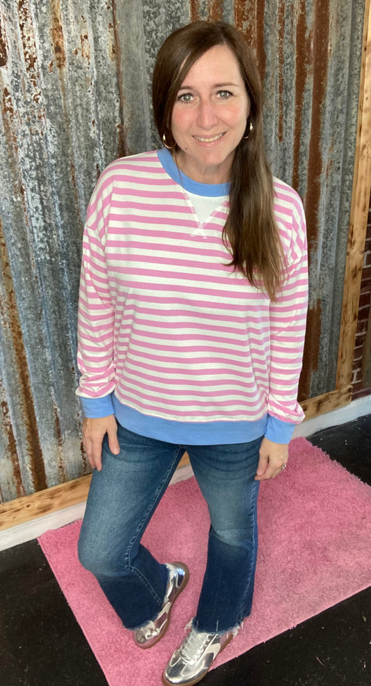 Candy Pink/Cornflower Blue Striped Rib Banded Pullover