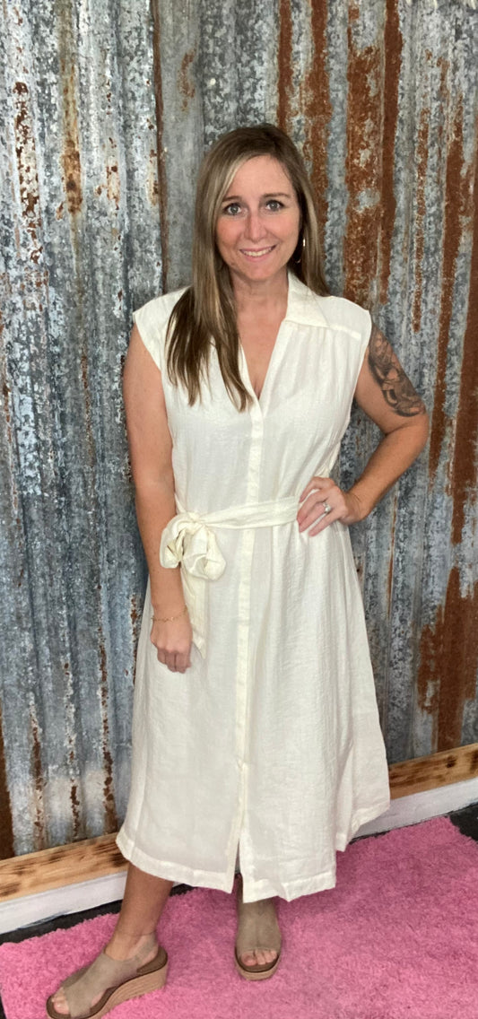 Off White Midi Dress w/belt Tie