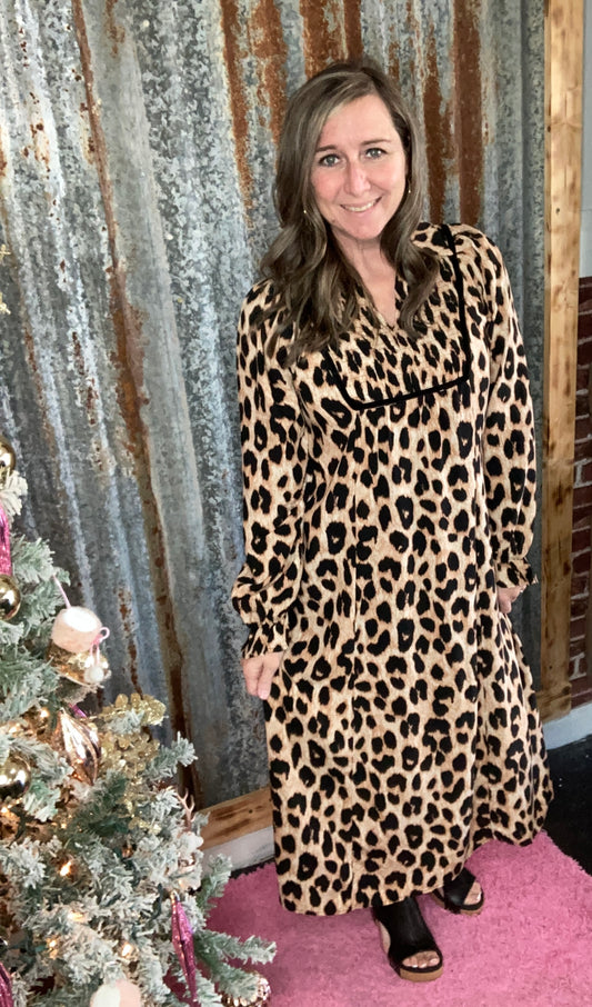 Brown Leopard Smocked Dress