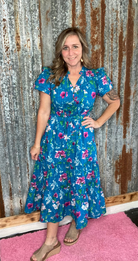 Blue Floral Button Tie Dress