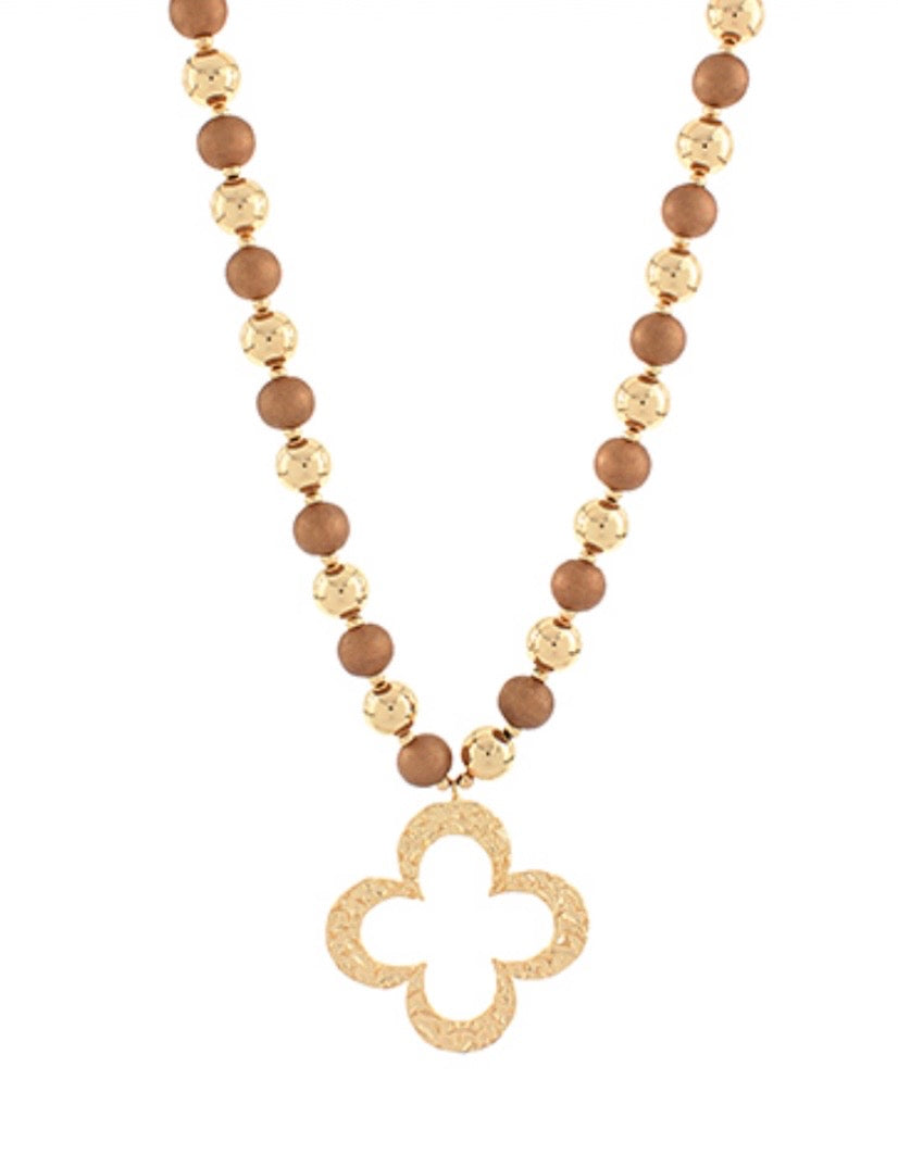 Clover Outline Wood & CCB Ball Necklace
