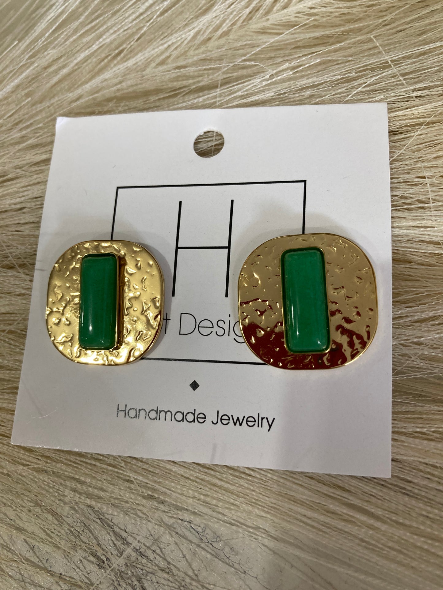 Gold Hammered Green Rectangle Studs