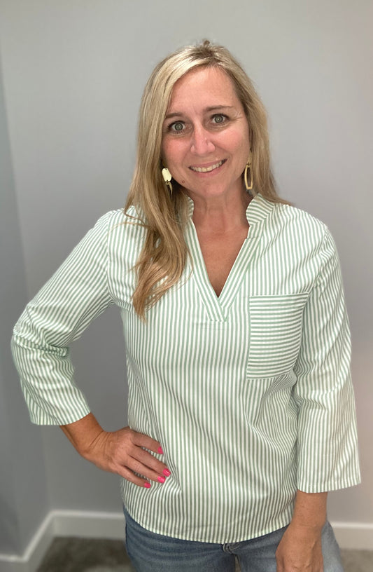 Green Stripe V-Neck Top