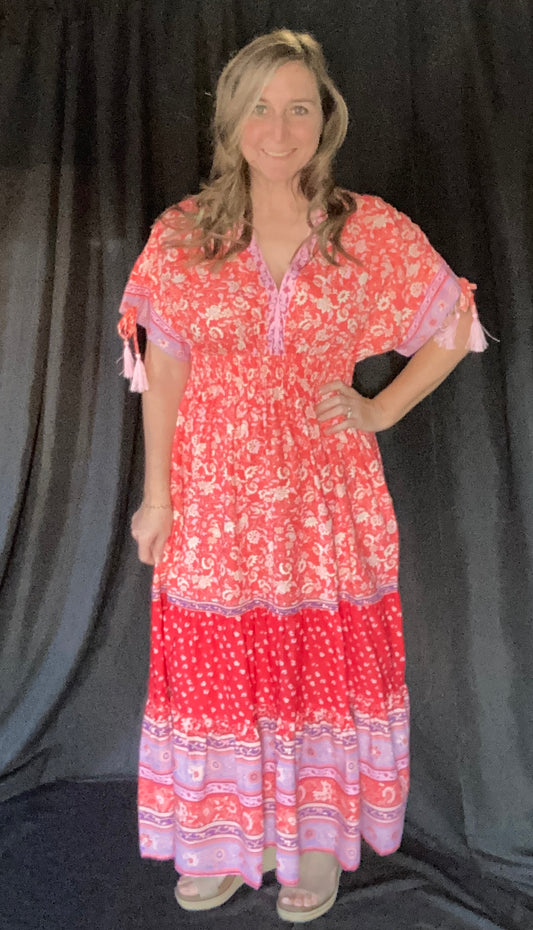 Red Floral Dress with Tassel Sleeve