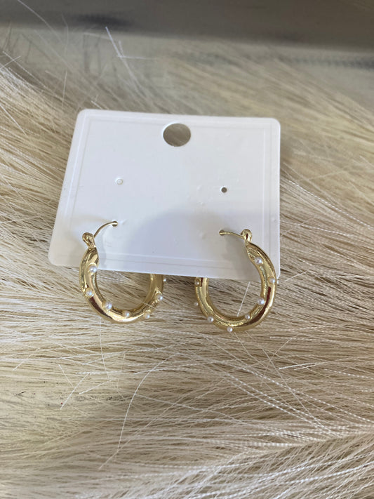 Gold Mini Pearl Drop Hoops