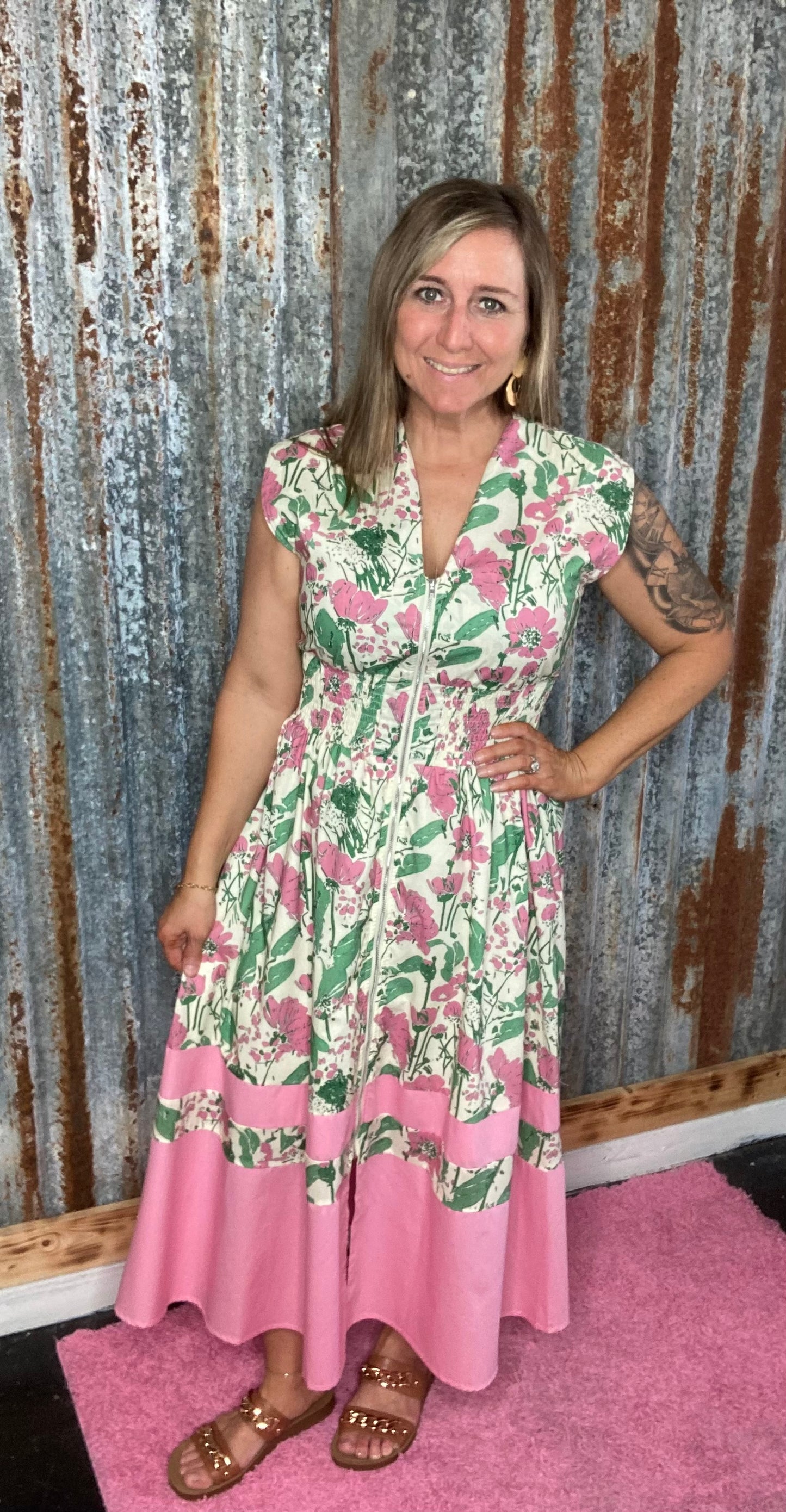 Pink Smocked Waist Midi Dress