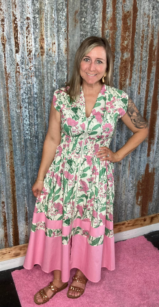 Pink Smocked Waist Midi Dress