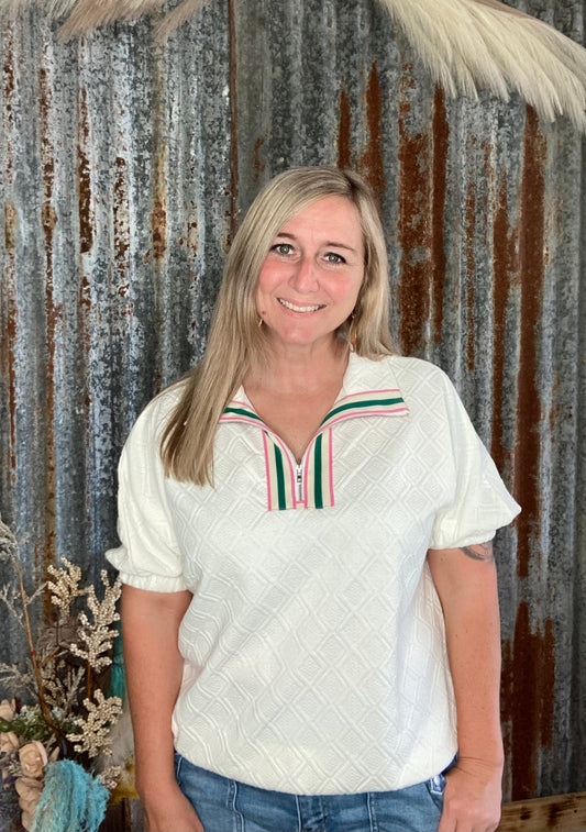 White textured top with contrast Striped Collar