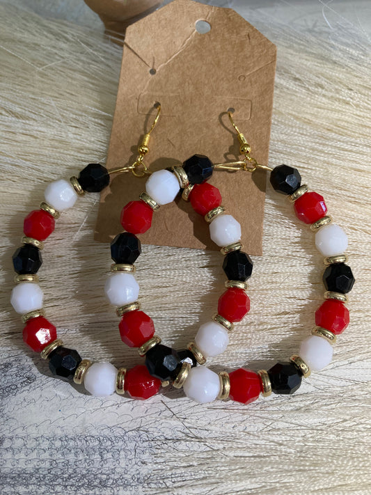 Red Black Gold Disc White Beaded Earrings